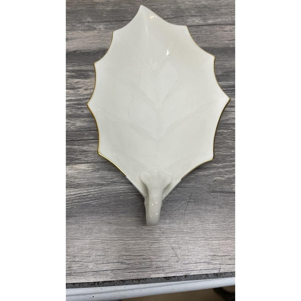 Lenox Ivory Porcelain Leaf Candy Dish Gold Trim Vintage Made in USA 9 Inch